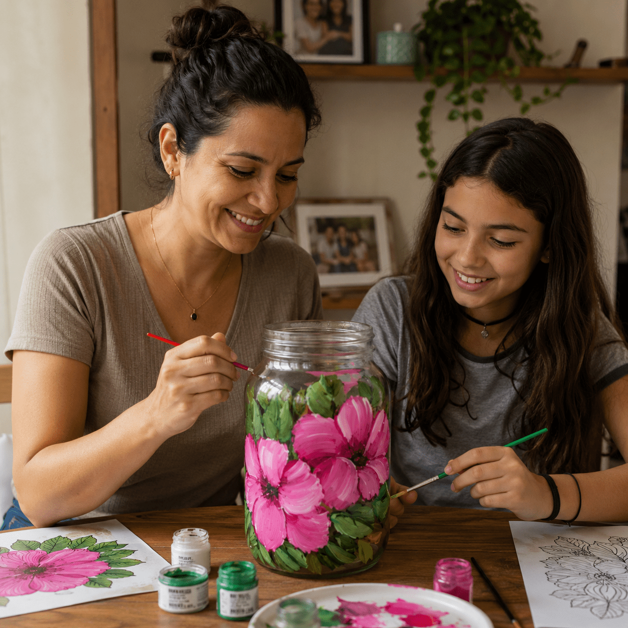 Mãe e filha pintando juntas