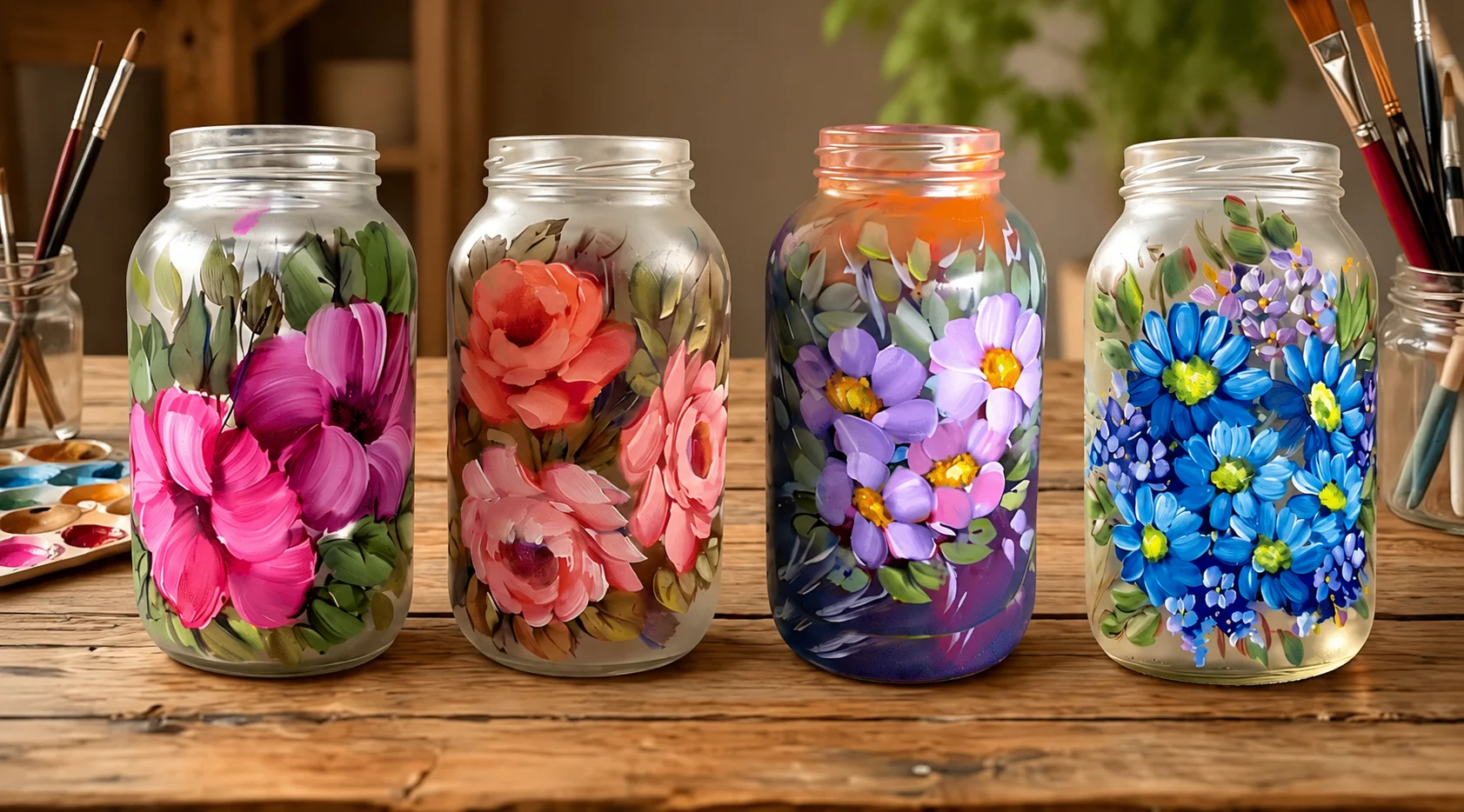Os 4 potes de vidro pintados com flores