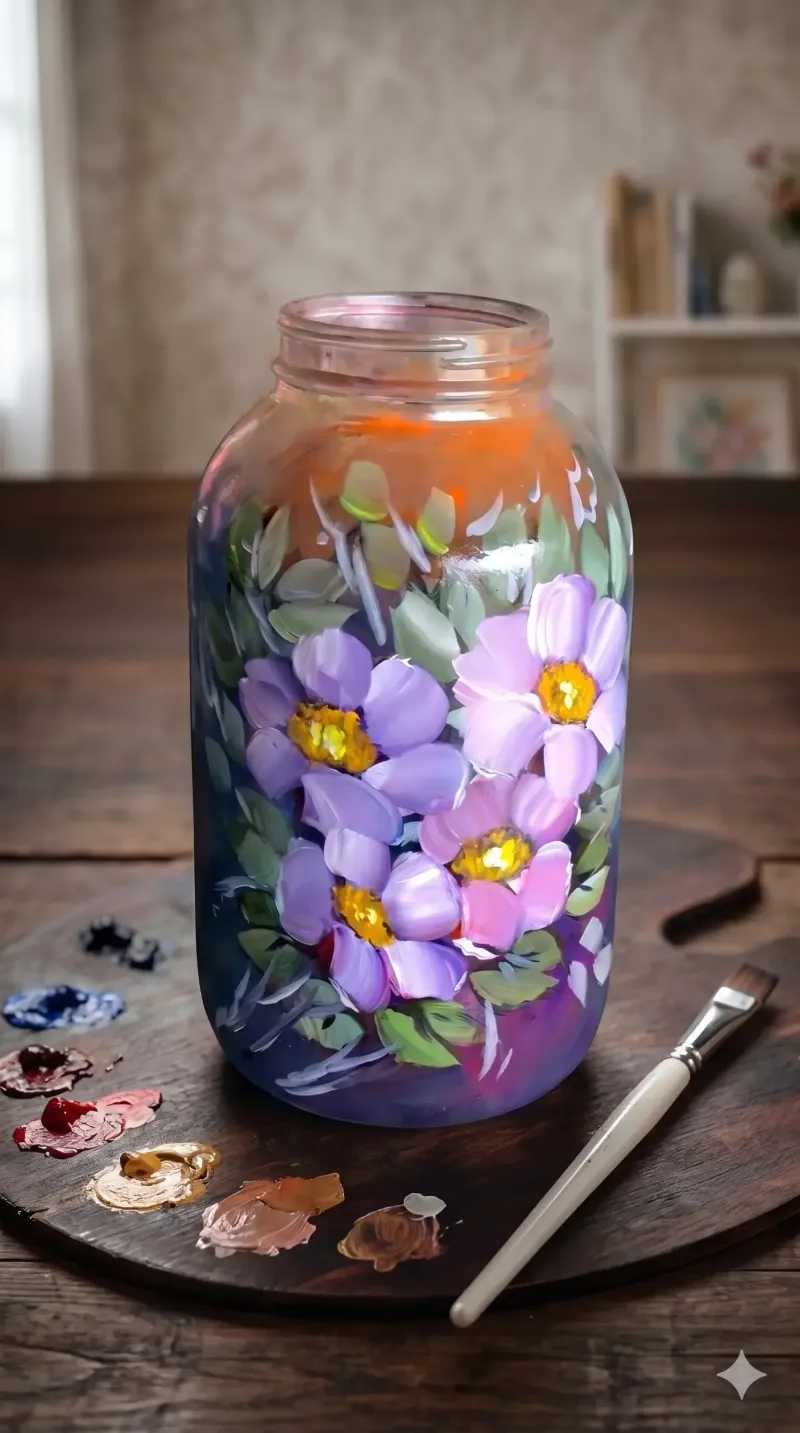 Pote de vidro pintado com flor do campo