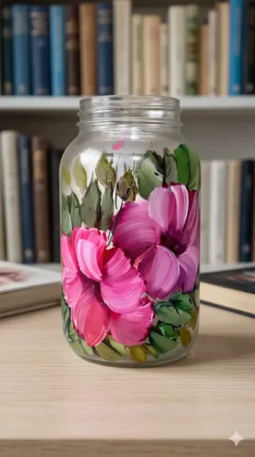 Pote de vidro pintado com hibisco