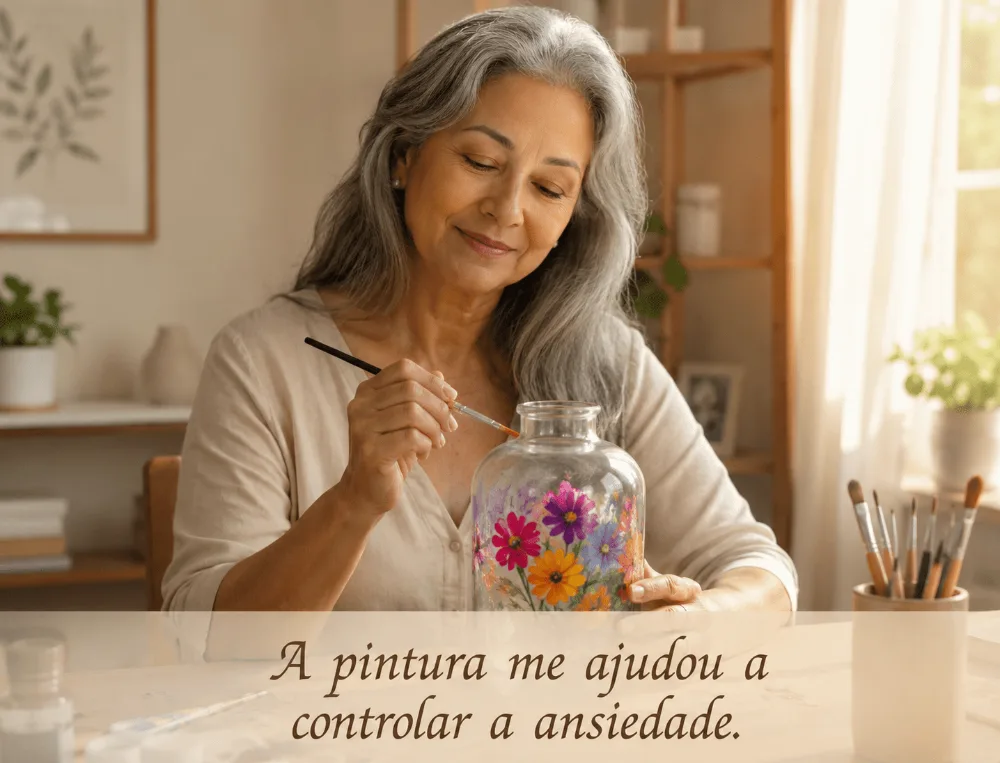 Mulher serena pintando flores no vidro