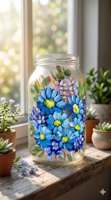 Pote de vidro pintado com margaridas azuis