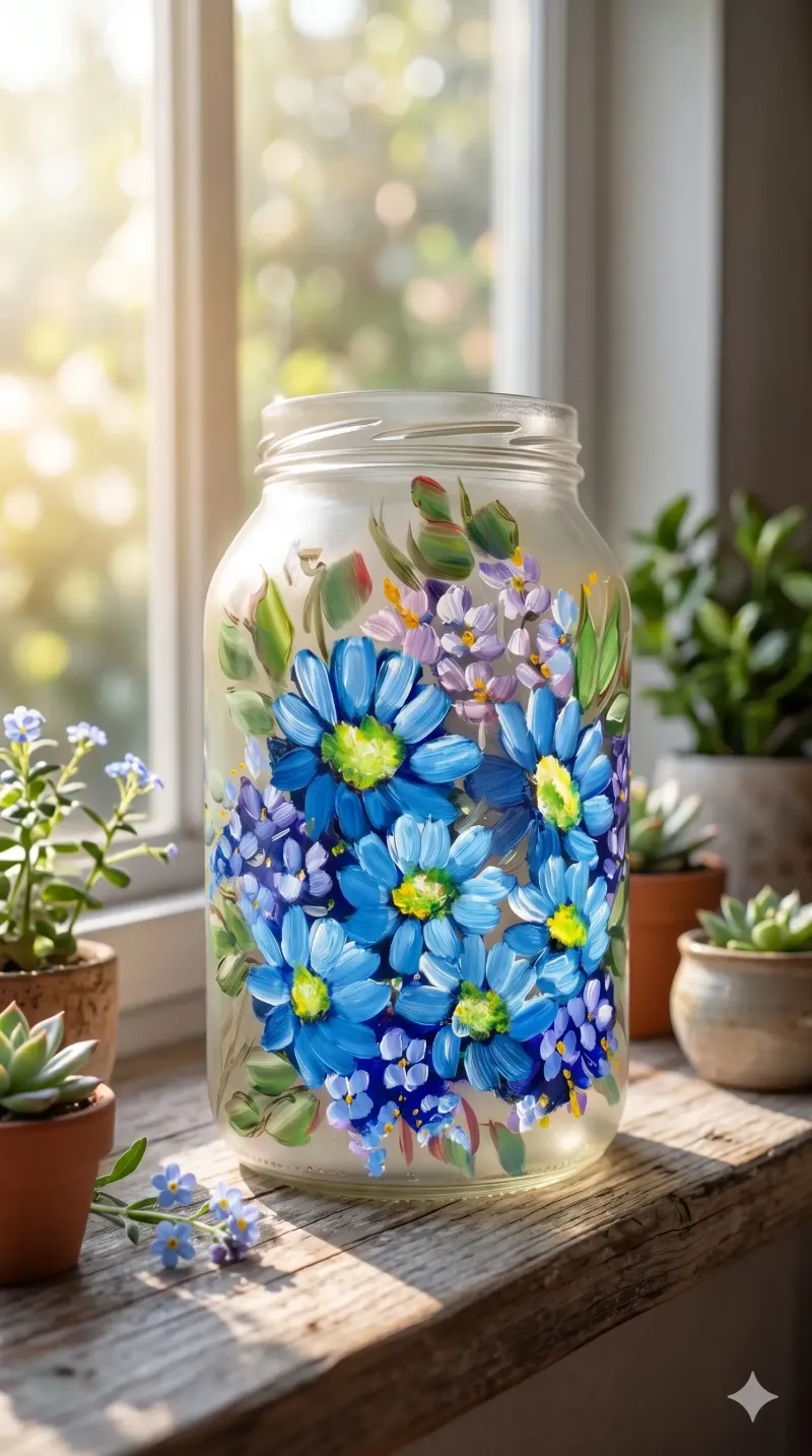 Pote de vidro pintado com margaridas