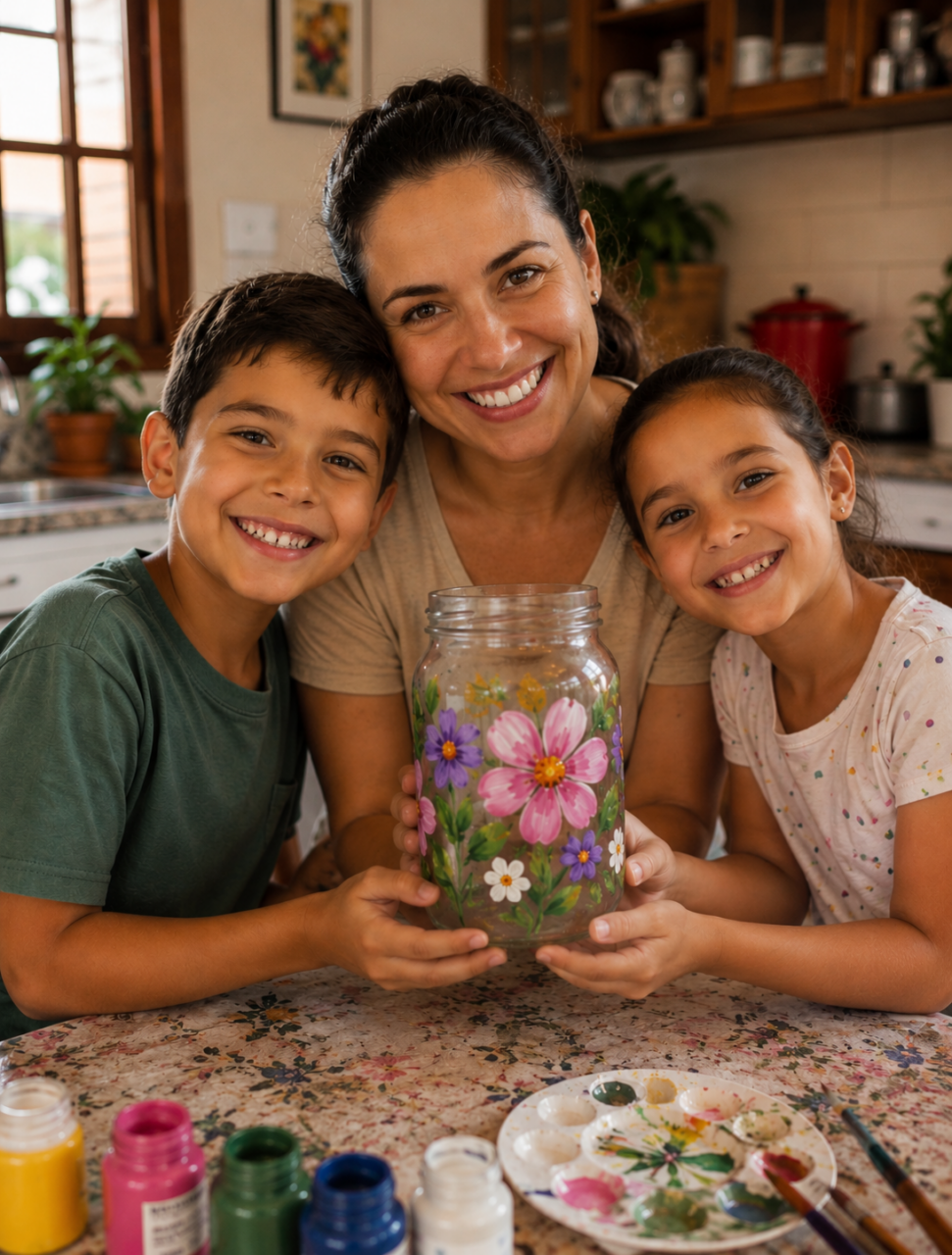 Pote de vidro pintado com flores pronto, feito por mãe e filhos