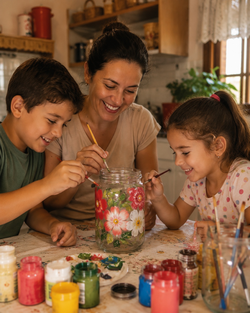 Pintura em vidro para iniciantes: mãe, filho e filha pintando um pote juntos