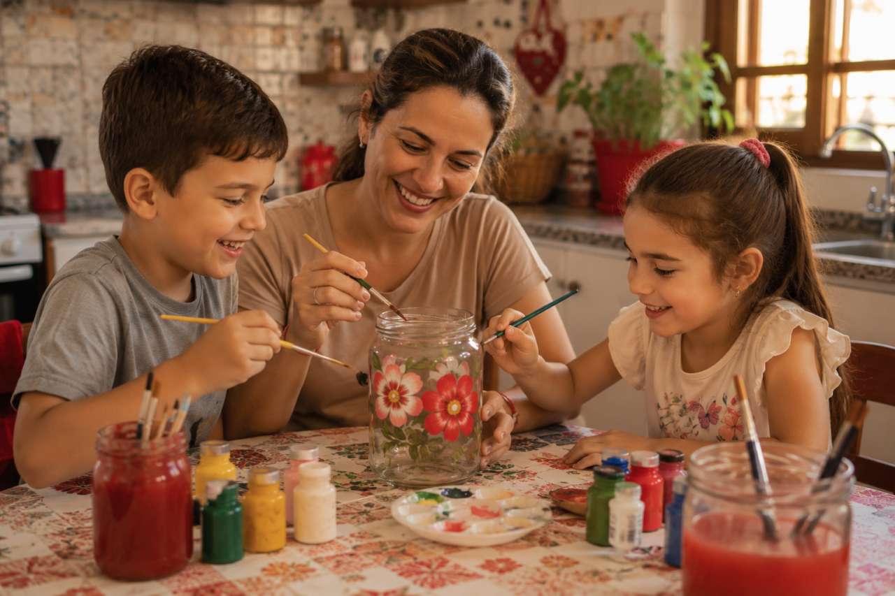 Pintura em vidro para iniciantes: mãe, filho e filha pintando juntos na cozinha