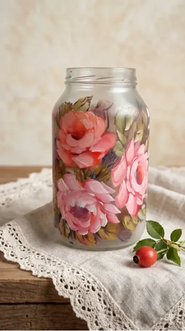 Pote de vidro pintado com rosas