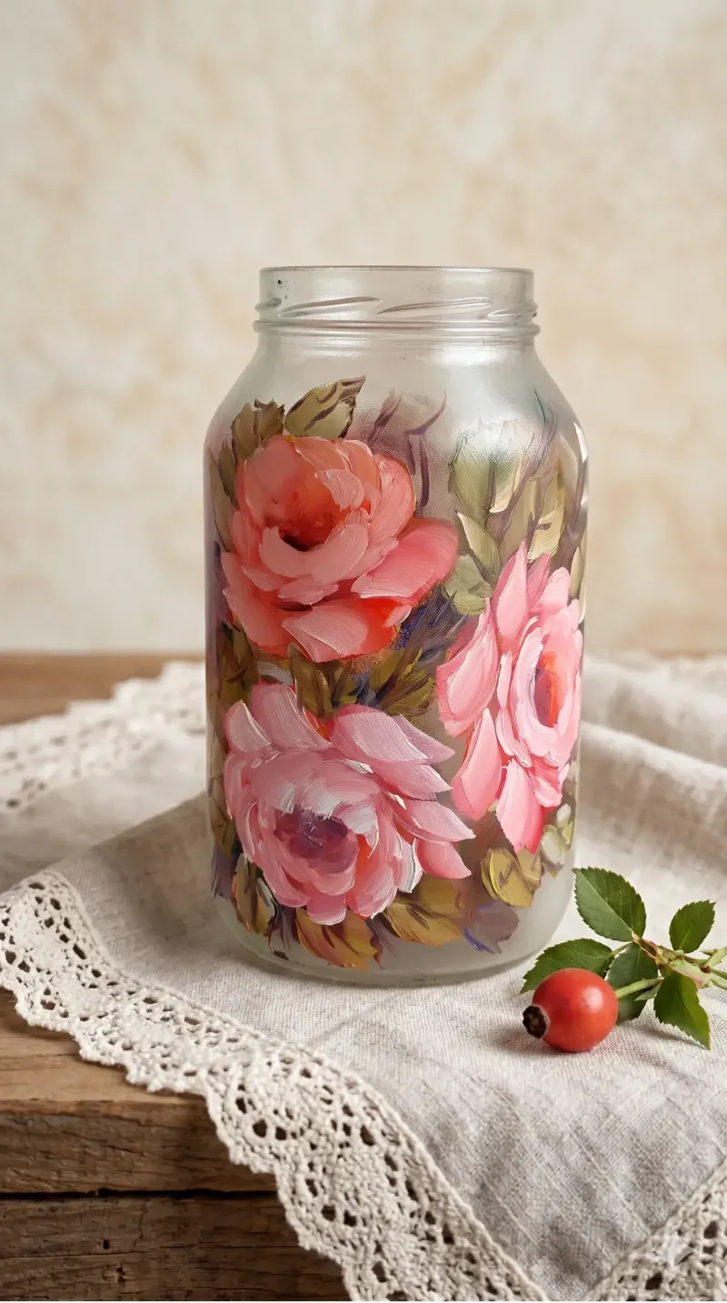 Pote de vidro pintado com rosa clássica