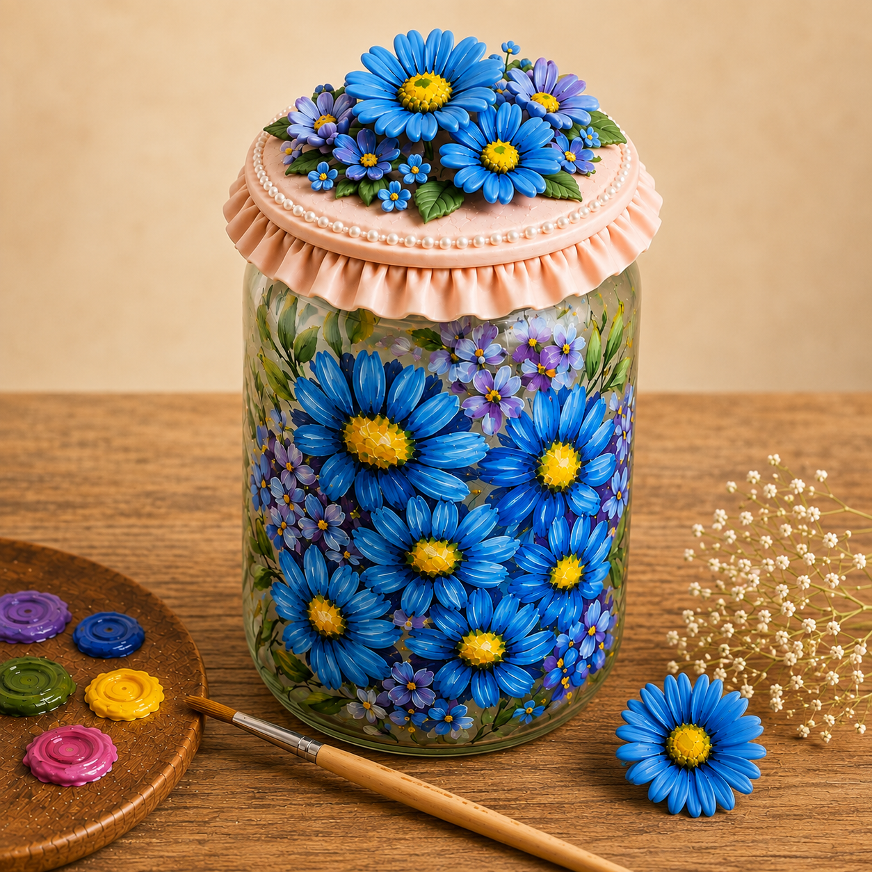 Jar painted with a daisy template