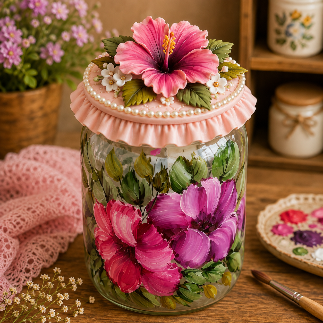 Jar painted with a hibiscus template