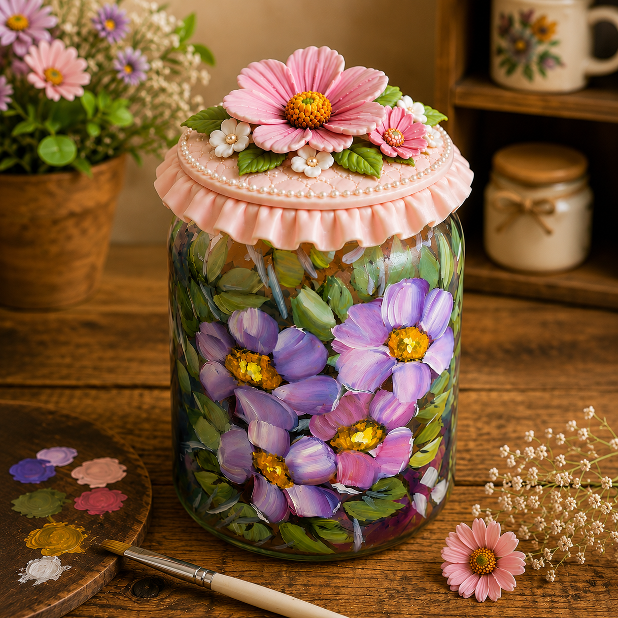 Jar painted with a wildflower template